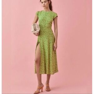 Reformation Gavin Samantha Green Floral Print Midi Dress Cutout Back Cap Sleeve